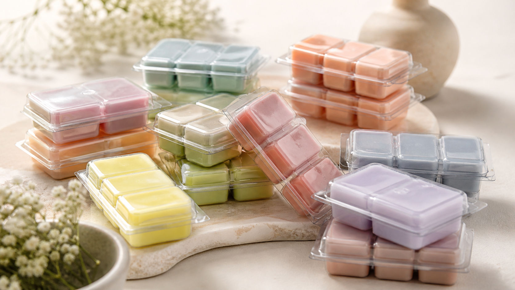 Colorful Tomhannock wax melt packs on a light stone surface